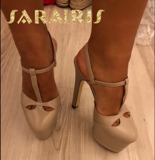 apricot SARAIRIS/Большие размеры 33-42; Летняя женская обувь из овечьей кожи; женские вечерние свадебные босоножки на высоком каблуке и платформе; женские туфли-лодочки - Цвет: apricot
