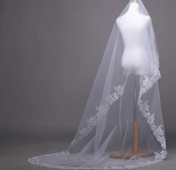 

In Stock 3 Meter Long 1t White Ivory Applique Blings Sparkling Lace Edge Purfle Cathedral Wedding Bridal Veils Velos De Novia