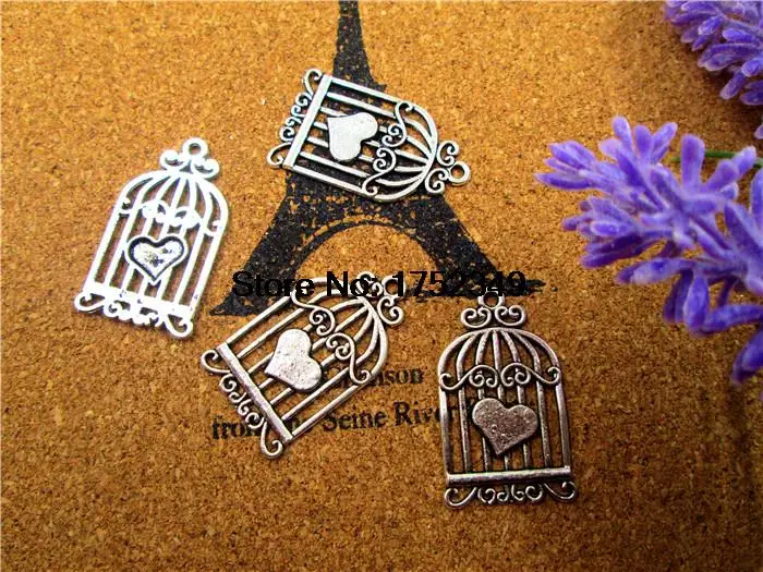 12 шт -- подвески античные серебряные винтажные любовные сердца птицы клетки 33х20мм
