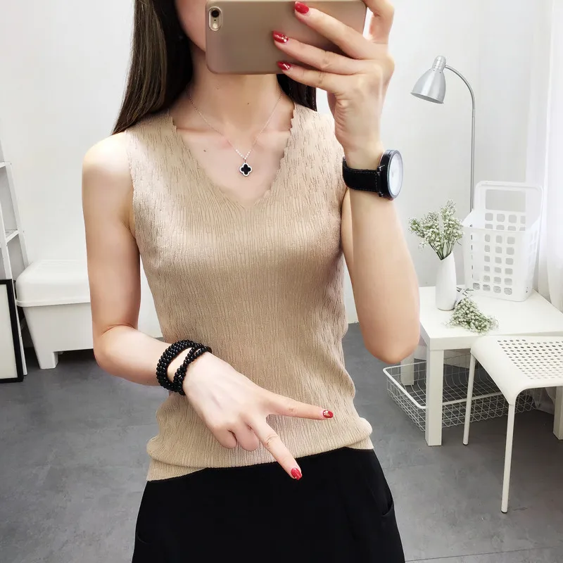

2019 outer wear knit vest female V-neck short paragraph spring summer Slim sexy casual fashion sling bottoming sleeveles shirt