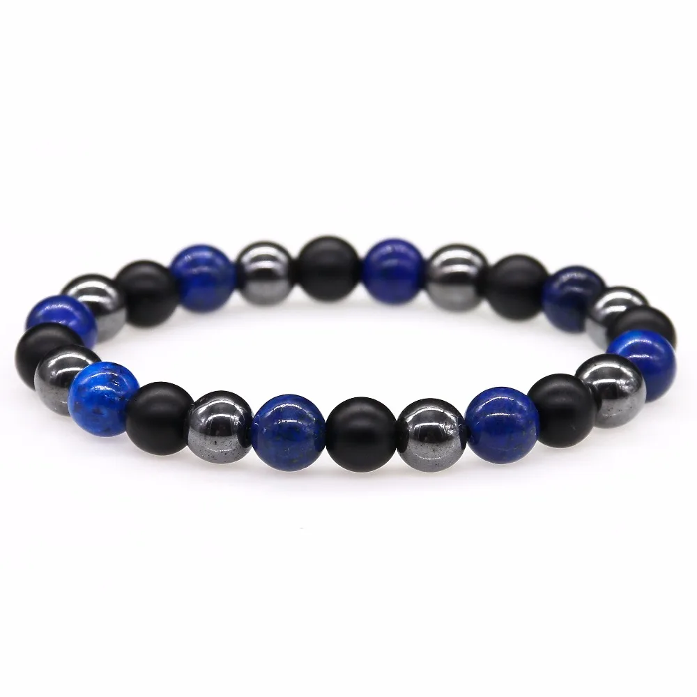 Модный мужской браслет из круглых Гематитовых бусин 8 мм и натурального лазурита