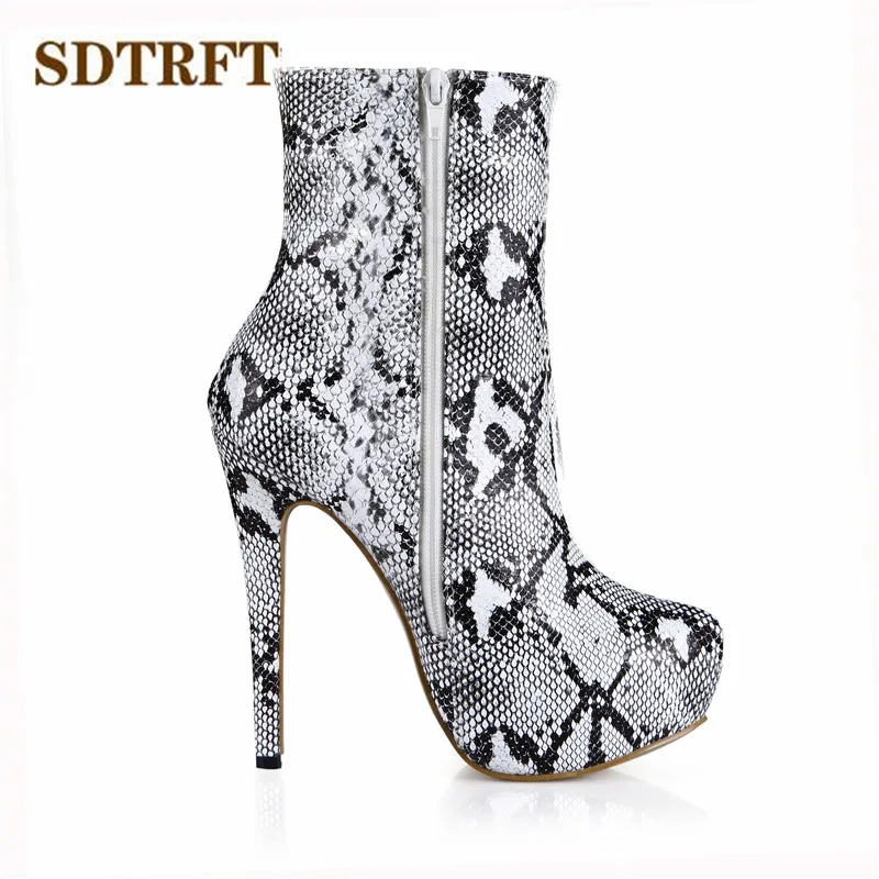 

SDTRFT Spring Autumn Fashion platforms botas mujer 14cm thin heels Martin Ankle boots Motorcycle shoes Woman snake print pumps