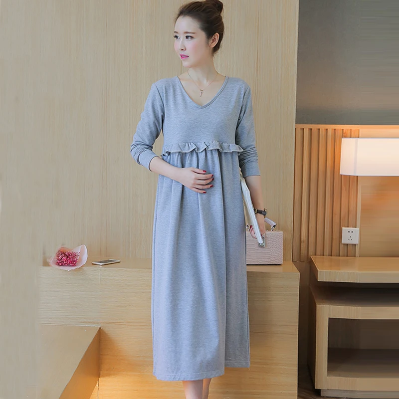 

OkayMom Korean Plus Size Long Grey Maternity Nursing Dress Cotton V Neck Breast Feeding Dresses Clothes For Pregnant Blue Long Sleeve Ruffles Pregnancy Nurse Wear Clothing