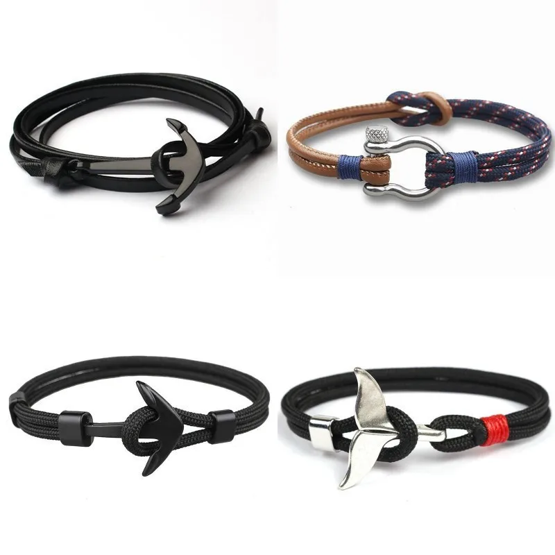 2019 Hot Fashion Whale Tail Anchor Bracelet Men Women Rope Chain Double Layer Wrap Leather Charm For Jewelry | Украшения и