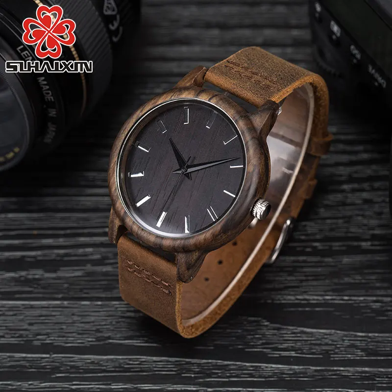2018Men's часы черные винтажные Saat деревянные с натуральным кожаным ремешком