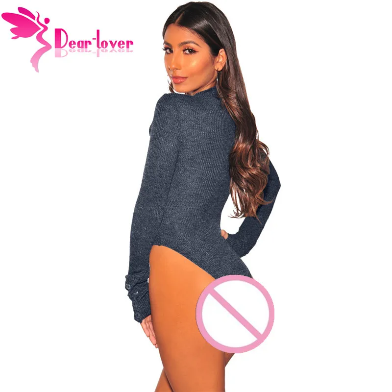 Dear Lover с длинным рукавом кнопкой Mock Neck Bodycon сексуальное боди Черный 2019