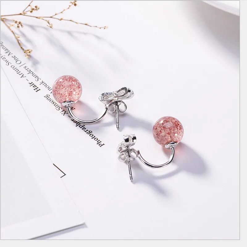 Uglyless Natural Strawberry Quartz Ball Stud Earrings Women Handmade Solid 925 Silver Bow Studs Detachable Dual Use Fine Jewelry | Украшения