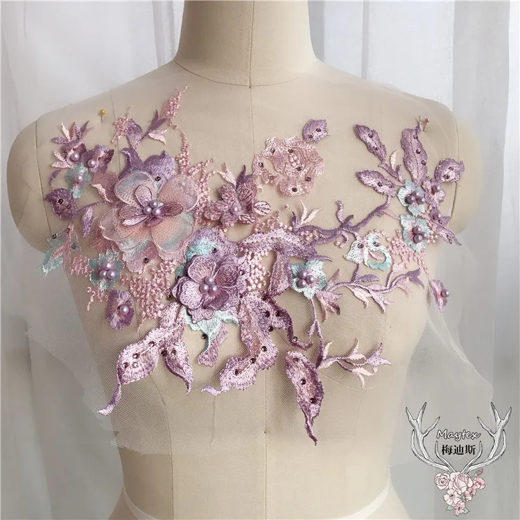 Purple 33 см X 28 см кружева цветок 3D вышивка кружева свадебная аппликация бисером Жемчуг Тюль DIY свадебное платье вышивка цветок с бисером - Цвет: Purple