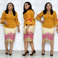african clothes elegant flare sleeve bodycon dress women 2019 v neck bow printed belt pencil dress high quality office lady xxxl