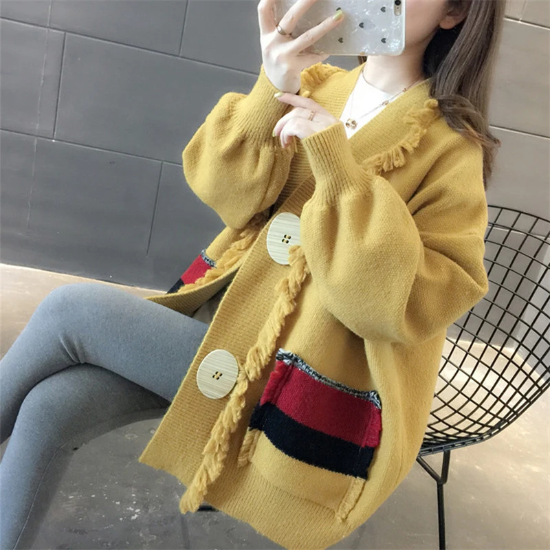 

2020 Spring Autumn New Fashion Knitted Cardigan Women Sweater Korean V-Neck Student Loose Ladies Tops Casual Female Clothes Q477