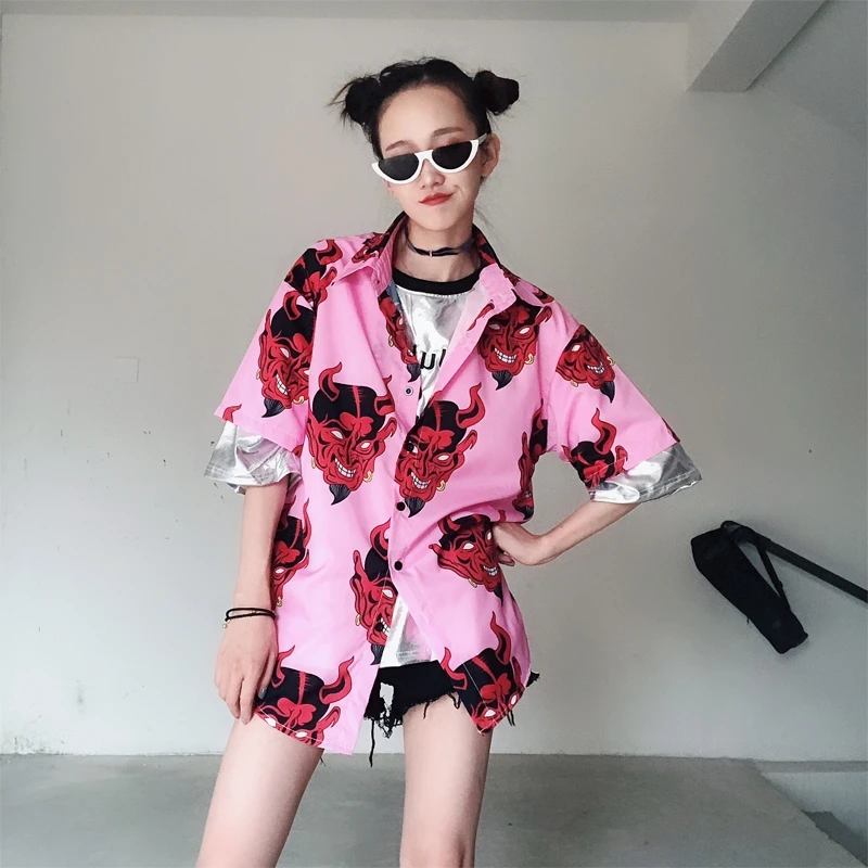 Гавайская рубашка лето 2019 модная уличная одежда с принтом дьявола Повседневная