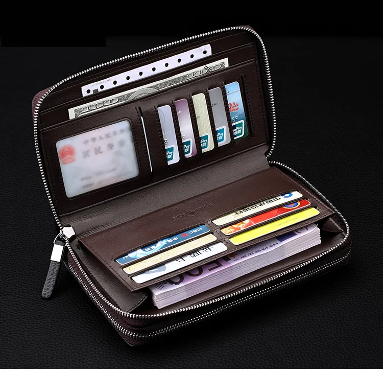 WILLIAMPOLO Leather Vintage Solid Clutch Bag Phone and Card Brand Mens Wallet Double Zipper Genuine Leather Handy Bag Purse