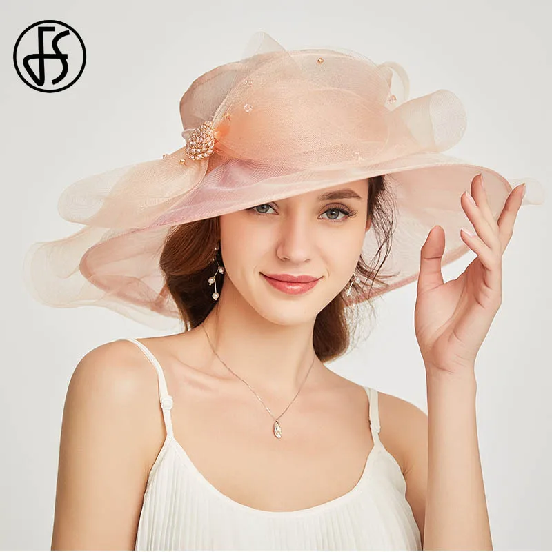 Light Pink Sun Hat FS элегантные женские летние шляпы из органзы с широкими полями, шляпы от солнца для женщин, большой церковный Кентукки, Шляпа Дерби, Дамская флоппи с большим бантом, фетровая шляпа - Цвет: Light Pink Sun Hat