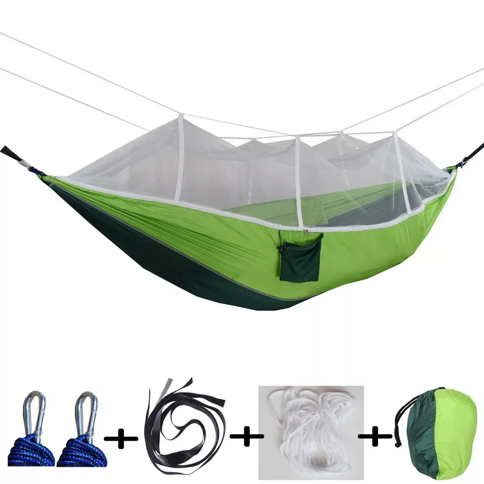 

High quality outdoor parachute cloth widening indoor dormitory wrinkle nylon spinning double swing hammock with mosquito net