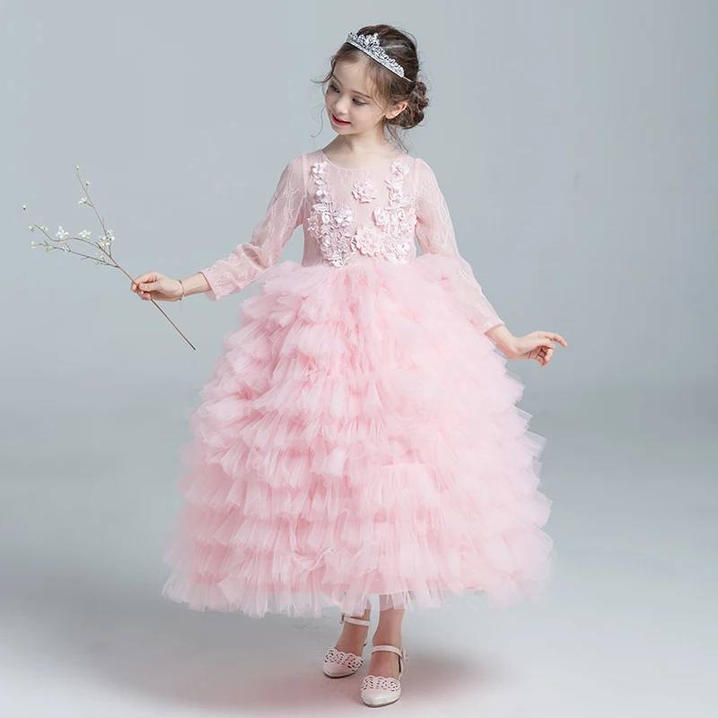 

First Communion Gown Girl's Layered Dress O-neck Floral Cute Girls Pink Dress Long Sleeve Princess Kids Evening Dresses JF445