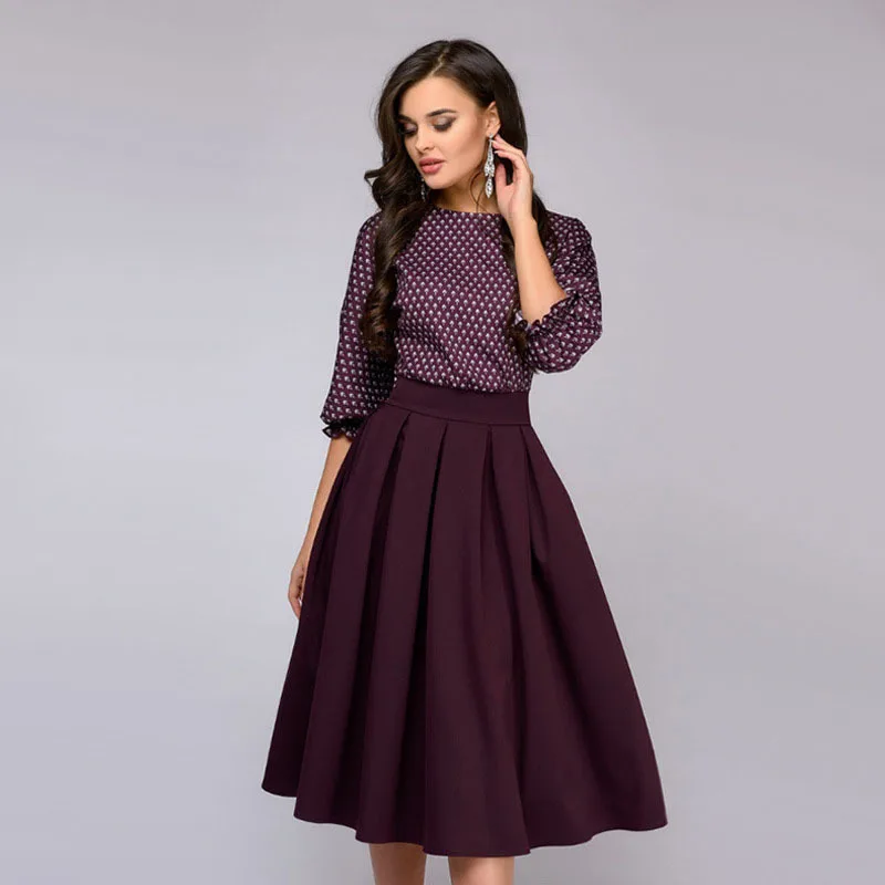 

2019 European and American fashion spring dress hot style sexy round neck printed seven-point sleeve dress