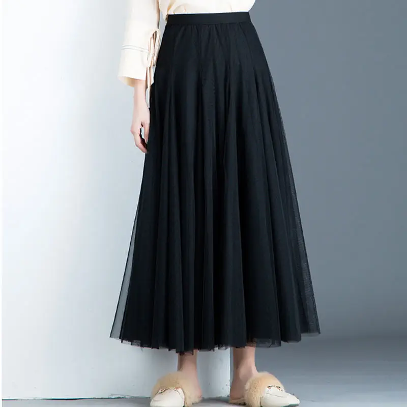 Gray Black Long Tulle Skirt Women Jupe Femme Maxi High Waist Elegant Saias Spring Summer Mesh Pleated Falda C4611 | Женская одежда