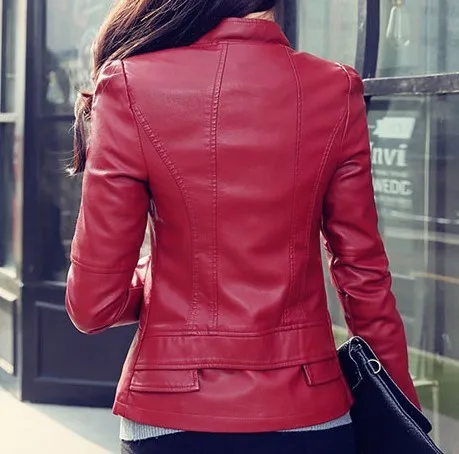 Куртка женская Байкерская из искусственной кожи на весну и осень|lether coat|red leather