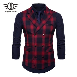 Жилет мужской в красную клетку, двубортный приталенный Свадебный костюм с V-образным вырезом, Q574