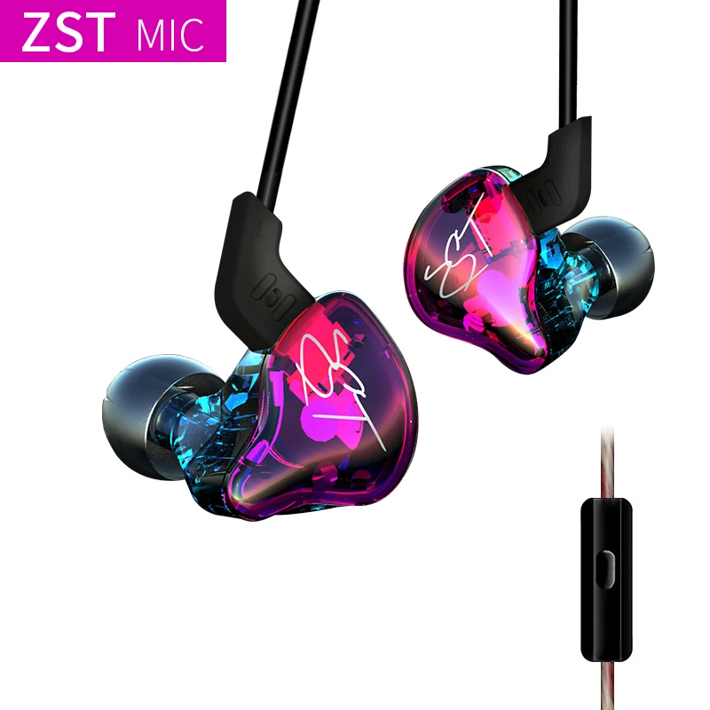 Purple with mic Оригинальные KZ ZST красочные BA+ DD наушники в ухо гибридная гарнитура HIFI бас шумоподавление наушники с микрофоном заменены BT кабель - Цвет: Purple with mic