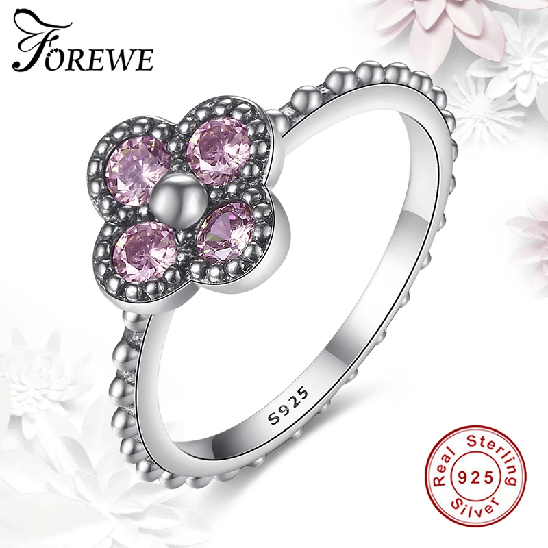 FOREWE Бренд Класса Люкс 100% Стерлингового Серебра 925 Розовый Клевер Кольца Перста