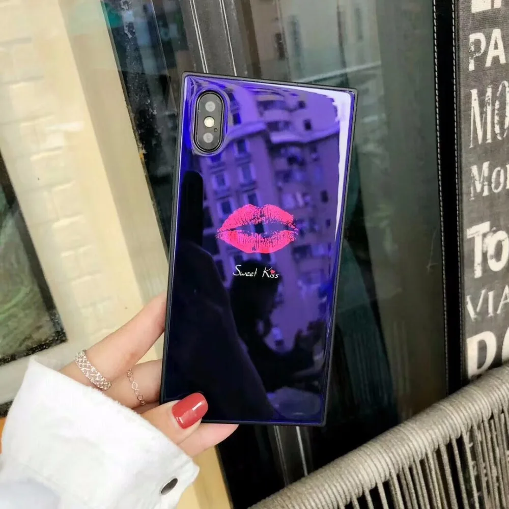 Роскошный закаленное стекло квадратный красный поцелуй чехол для iphone XS MAX S 7 6 6s 8