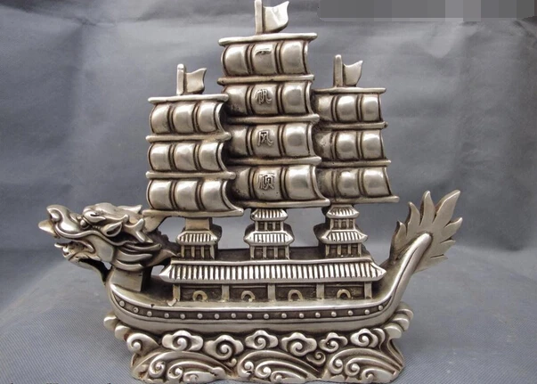 

song voge gem S1323 10 Chinese White Copper Silver Fengshui Lucky Wealth Dragon Boat Sailboat Statue