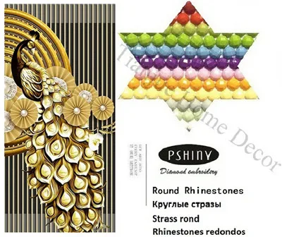 Round Rhinestones PSHINY 5D DIY Алмазная вышивка распродажа золотисто-черные павлины полная дрель квадратные Стразы картины алмазная живопись Новые поступления - Цвет: Round Rhinestones