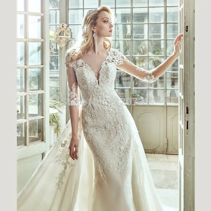 

Винтажное кружевное свадебное платье русалки со съемным шлейфом, свадебное платье с кружевной аппликацией, 2020