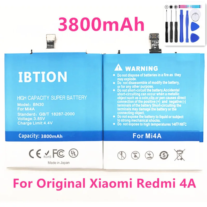 Сменные телефонные батареи IBTION 3800 мАч BN30 для оригинального Xiaomi Redmi 4A аккумулятор +