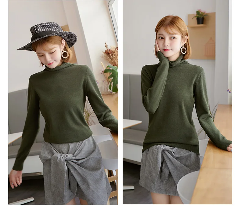 olive green Вязаный женский осенне-зимний тонкий эластичный Водолазка с длинным рукавом и высоким воротом, женская одежда, свитера, пуловер, джемпер, свитер - Цвет: olive green