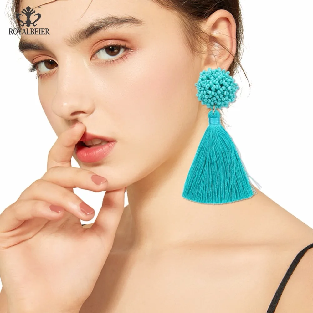 ROYALBEIER Boho Handmade Colorful Tassel Earring for Women Resin Beads Statement Drop Dangle Earrings Female Party Gifts Jewelry | Украшения