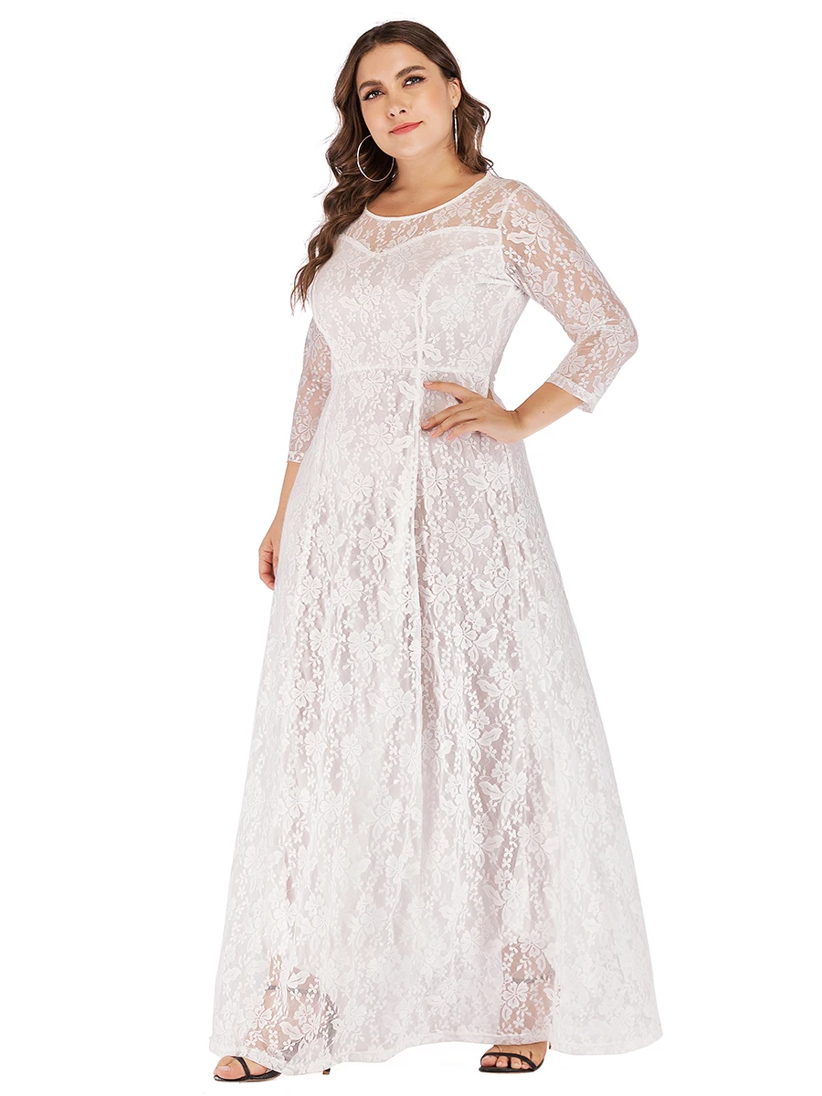 luxury wedding party dresses Women Ladies 4xl 5xl 6xl Plus Size 3/4 Sleeve Lace floral hollow out Long Dress solid color Dresses