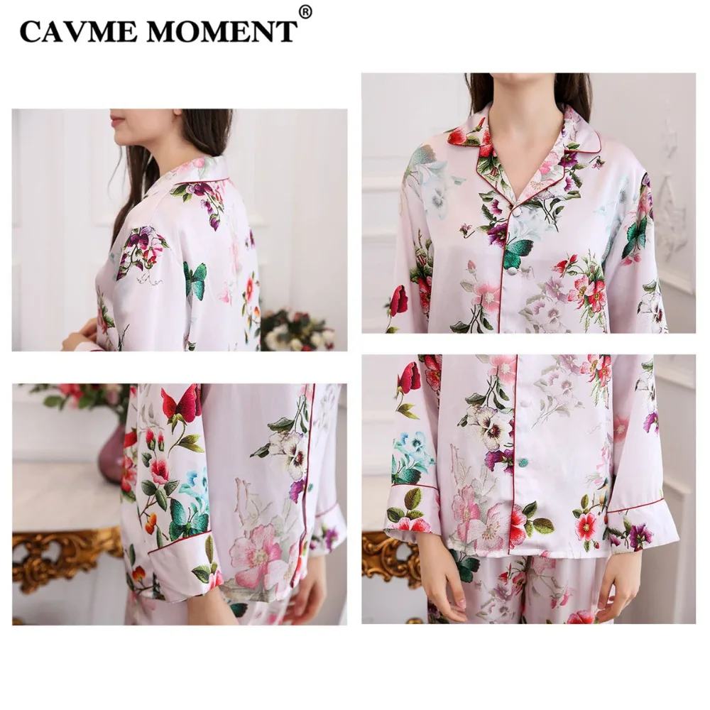CAVME 2019 Luxury Silk Pajama Sets for Women Elegant Ladies Pyama Set Plus Size Printed Full Sleeve Pants Home Clothes Sleepwear