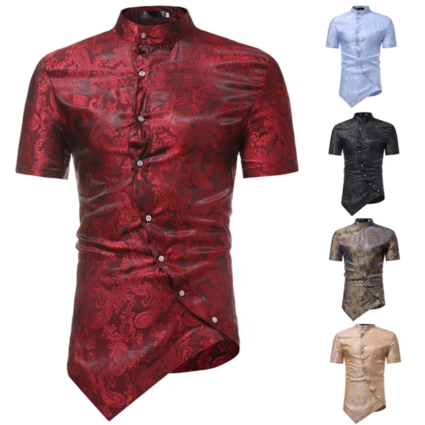

Irregular African Traditional Shirt for Man 8Colors Short Sleeve Dashiki Riche Bazin Summer Stand Collar Fashion Tops