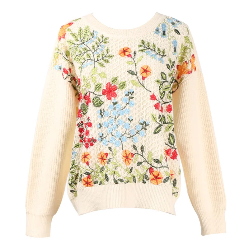 Autumn Winter Sweaters Women Gridding Flower Embroidered Luxury Runway Fashion Knitted Sweater Casual Pullover Tops New | Женская одежда