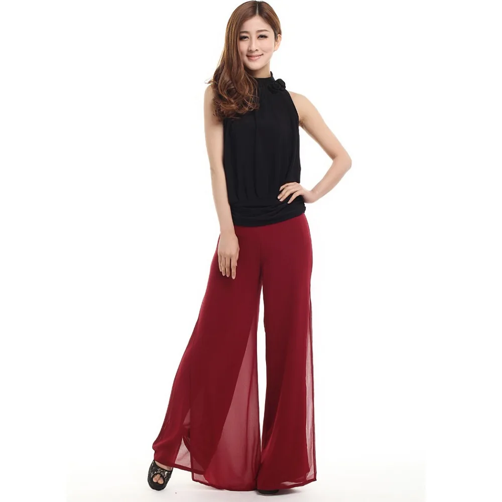 

Euramerican Solid Chiffon Long Dance Pants Women's Work Trousers Furcal Pants Plus Size OL Casual Wide Leg Pants Ladies Culottes