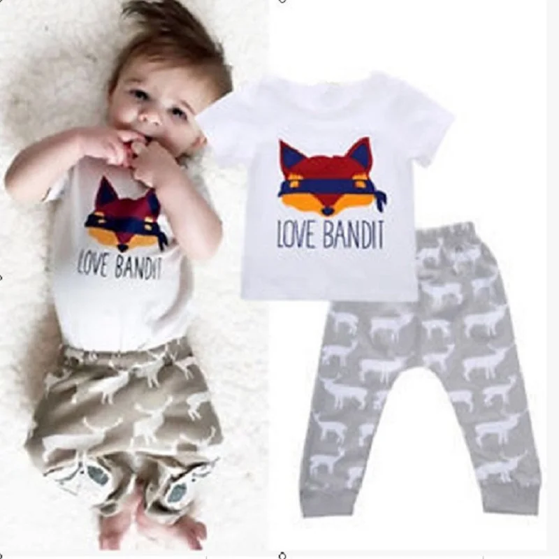 Fox Kids T-Shirt Deer Elk Pants SuitsChristmas Baby Clothes Sets 100% Cotton Children Clothing Boy Outfits Jumpsuit Bandit Tops | Детская