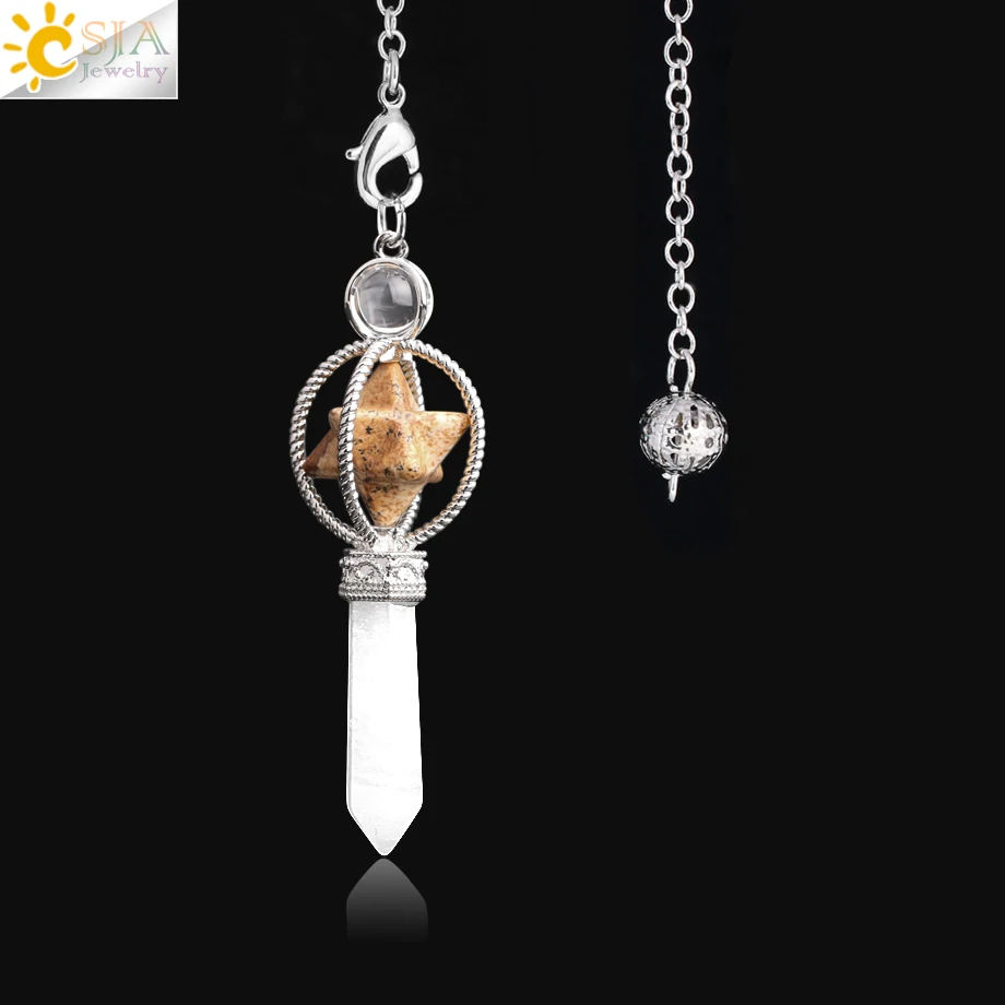 Picture Jasper CSJA Merkaba придающий маятник кварцевый и из натурального камня Кристалл Розовый Рейки Исцеление Маятник кулон Маятник для радиестезии F770 - Окраска металла: Picture Jasper