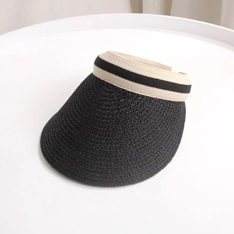 Adult Kids Summer Straw Weave Sun Protection Beach Hat Empty Top Contrast Color Stripe Family Large Wide Brim Clip-On Peaked Cap |