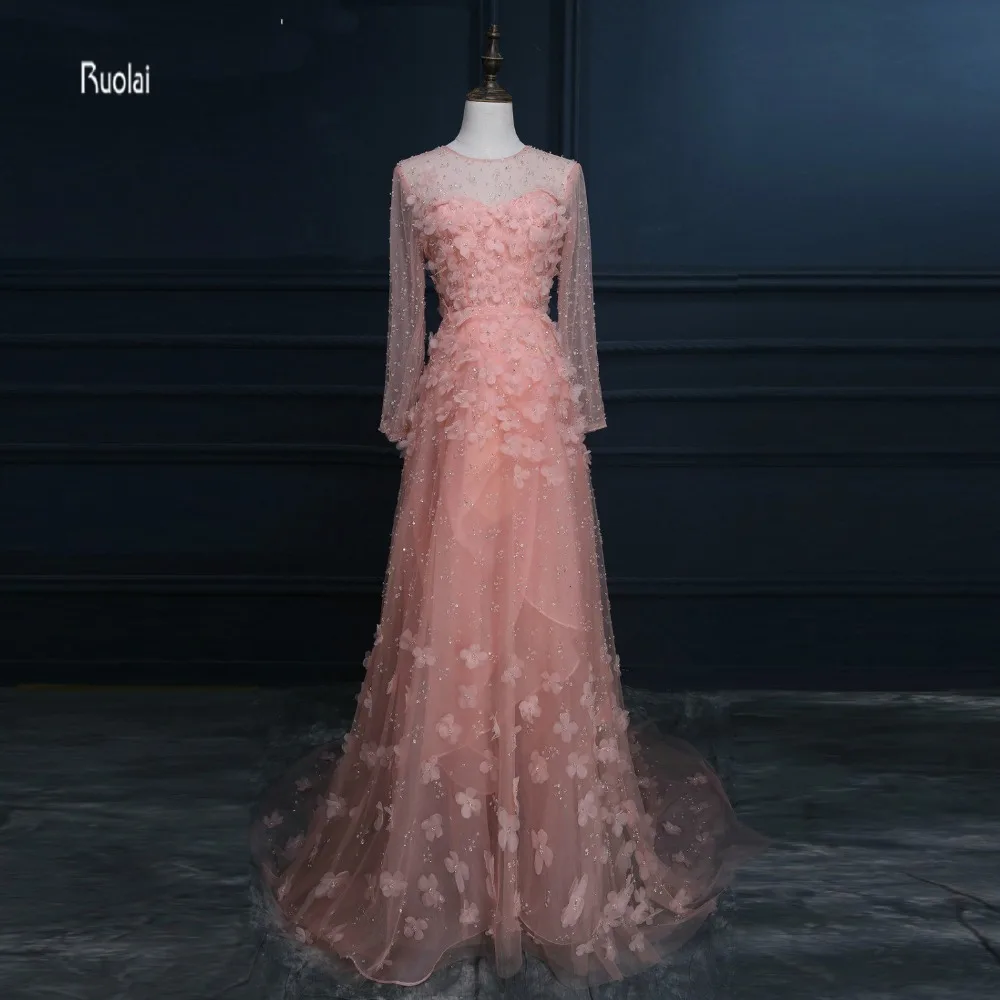 

Real Sample New Arrival Luxury Beading Flowers Tulle Long Sleeves Formal Long Evening Dresses For Wedding Party Prom Party Dress