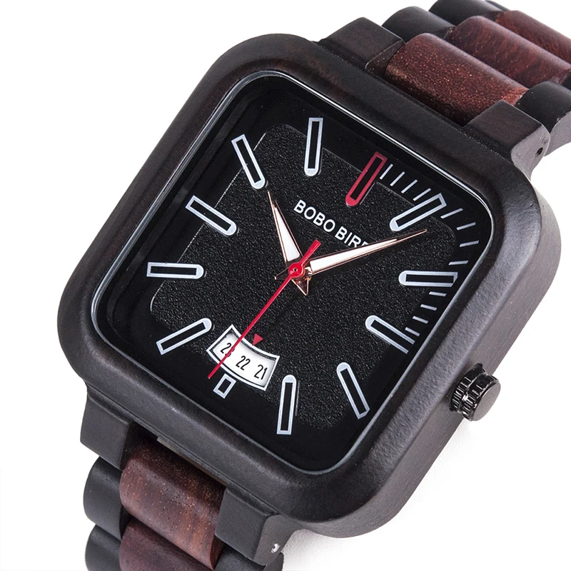 

Relogio Masculino BOBO BIRD Wood Watch Men Women Square Dial Auto Date Quartz Wristwatch Wood Leather Band Customized Gift Box