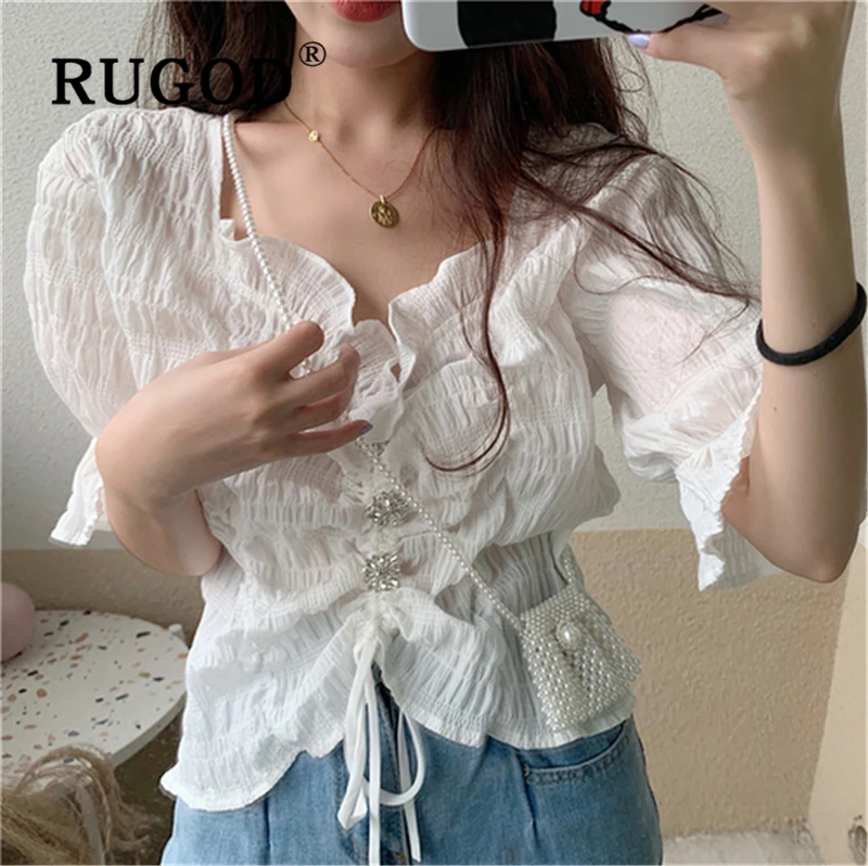 Женская блузка с оборками RUGOD Элегантная расклешенным рукавом и пуговицами на