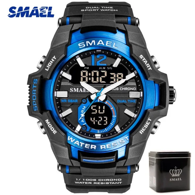 Black Blue Box Новинка, SMAEL, мужские часы, светодиодный, аналоговые, кварцевые часы, мужские, армейские, военные, спортивные часы, мужские, водонепроницаемые, цифровые, s Shock часы, мужские часы - Цвет: Black Blue Box