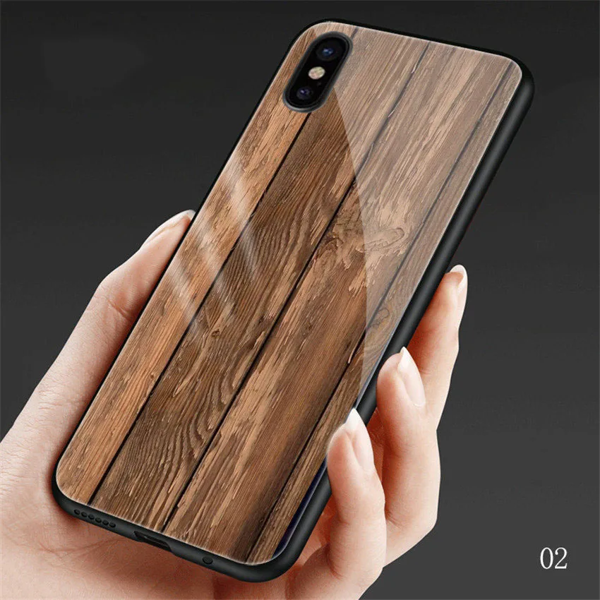 Чехол из окрашенного под дерево стекла для iPhone X, XR, XS, Max, чехол из закаленного стекла, Силиконовый противоударный чехол s, для iPhone 7, 8, 6, 6s plus