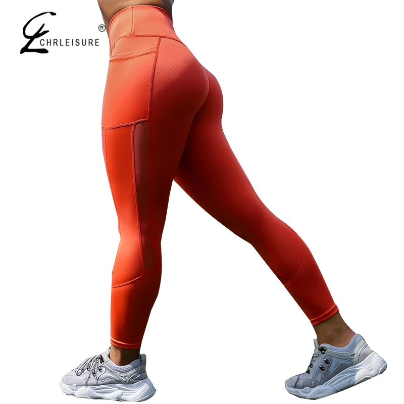 CHRLEISURE женские сетчатые Леггинсы с карманами для фитнеса, леггинсы с высокой талией, женские сетчатые лоскутные леггинсы для тренировок, женские джеггинсы