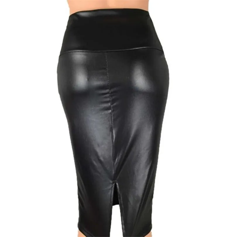 D138 Split Black YGYEEG, разноцветная Женская юбка, зимняя, однотонная, из искусственной кожи, для работы, посылка, хип-хоп, юбка-карандаш, миди, осенняя, зимняя, облегающая, Femininas - Цвет: D138 Split Black