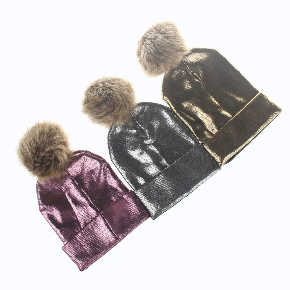 

B178273 New Style Spring And Winter Kniting Acrylic Metallic Hat POMPOM Unisex Beanie Hat