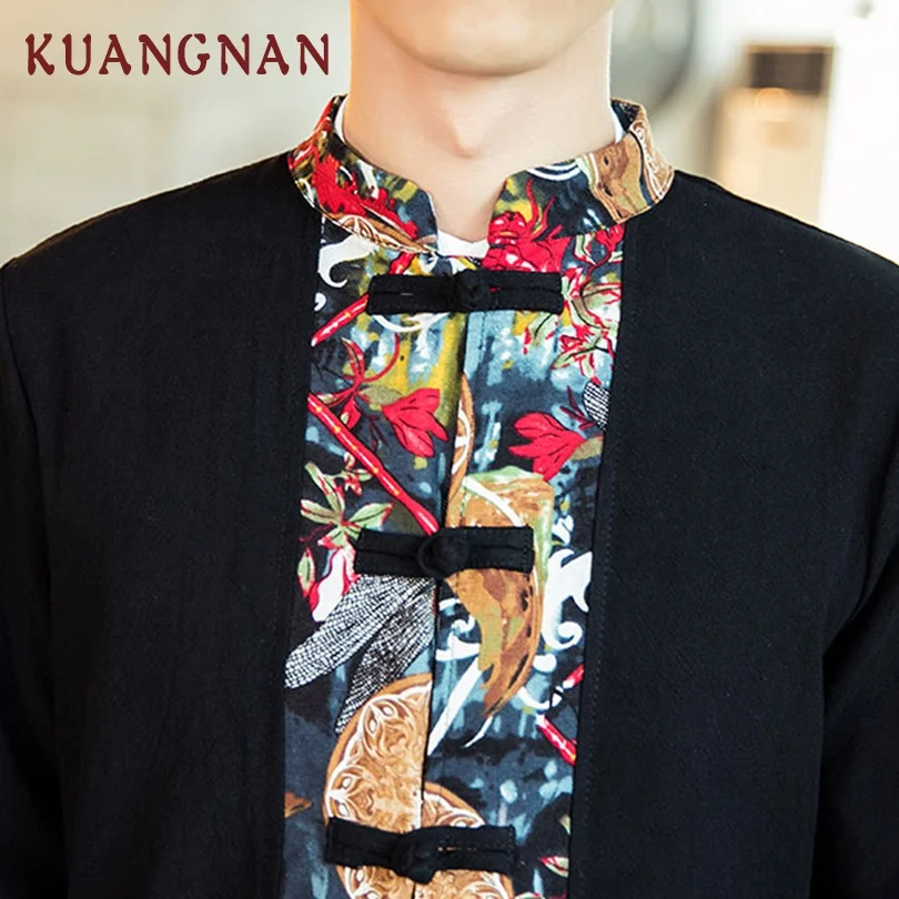 KUANGNAN китайское лоскутное кимоно мужские рубашки с длинным рукавом Японская