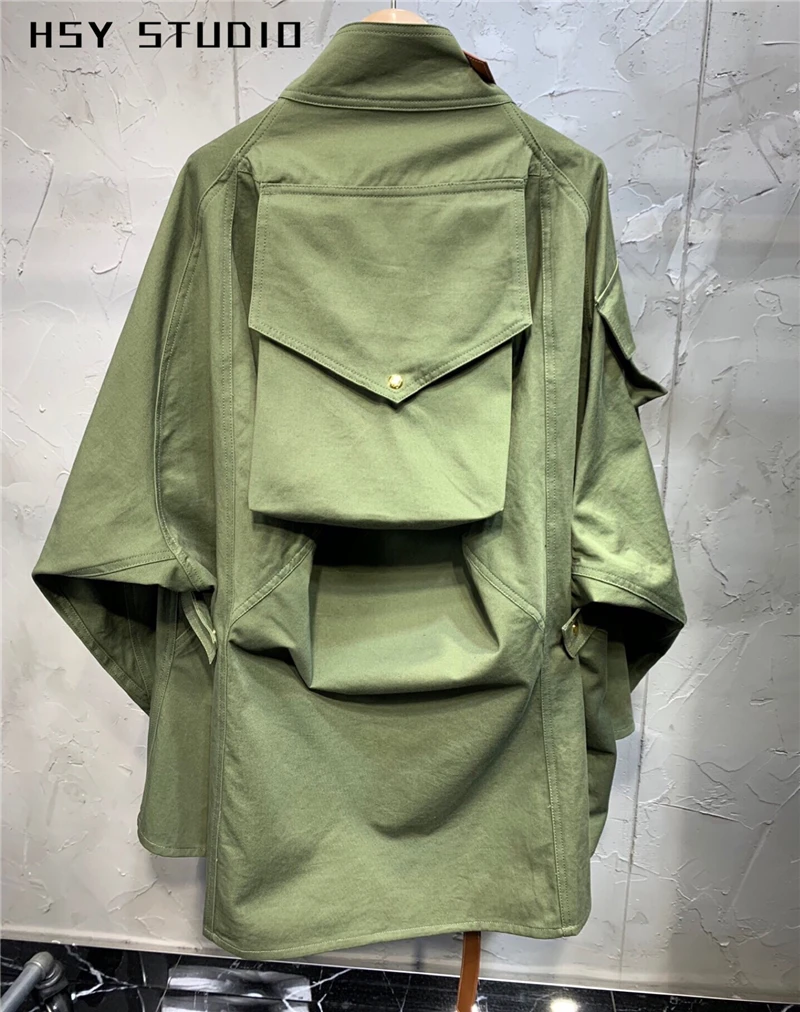 【HSY studo】2019 осенний Новый тренд мешковатый армейский зеленый Женский Тренч
